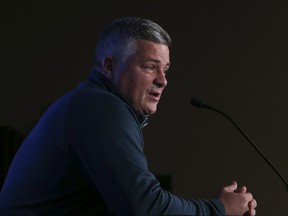 Toronto Maple Leafs head coach Sheldon Keefe speaks at the podium about some of the new players and his goalie tandem for the upcoming season on Wednesday September 21, 2022.