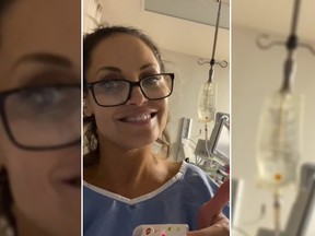 Trish Stratus is all smiles in a screenshot from video posted to her Instagram account after undergoing a procedure to remove her appendix.