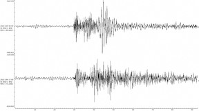 A reading from a seismograph on the Danish island of Bornholm shows two spikes, at 0003 and 1700 GMT, followed by a lower-level “hissing” on the day when the Nord Stream 1 and 2 Baltic gas pipelines sprang leaks one after the other.