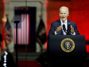 U.S. President Joe Biden delivers remarks on what he calls the "continued battle for the Soul of the Nation" in front of Independence Hall at Independence National Historical Park, Philadelphia, U.S., September 1, 2022. REUTERS/Jonathan Ernst