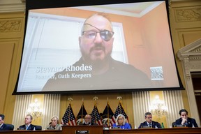 Oath Keepers founder Stewart Rhodes is seen on video during the hearing of the U.S. House Select Committee to Investigate the Jan. 6 Attack on the United States Capitol, on Capitol Hill in Washington, June 9, 2022.