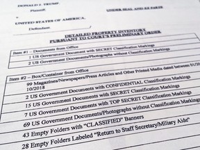 A detailed property inventory of documents and other items seized from former U.S. President Donald Trump's Mar-a-Lago estate shows the seizure of documents marked "Confidential," "Secret," "Top Secret" and dozens of empty folders marked either "Classified" or marked that they were to be returned to the president's staff assistant or military aide after the inventory was released to the public by the U.S. District Court for the Southern District of Florida in West Palm Beach, Fla., Sept. 2, 2022.