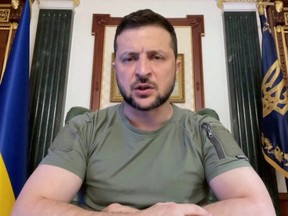 Ukrainian President Volodymyr Zelenskyy speaks during his nightly address where he mentions that Ukrainian troops will chase the Russian army "to the border," in this still image taken from video recorded in Kyiv, Ukraine, Aug. 29, 2022.