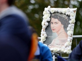 A picture of Her Majesty Queen Elizabeth II is seen on September 19, 2022 in Windsor, England on the day of the State Funeral of Britain's Queen Elizabeth II.