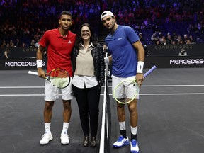Felix Auger-Aliassime of Team World and Matteo Berrettini of Team Europe pose for a photograph ahead of the singles match between Matteo Berrettini of Team Europe and Felix Auger-Aliassime of Team World during Day Two of the Laver Cup at The O2 Arena on Sept, 24, 2022 in London.