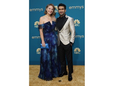 Kumail Nanjiani and Emily V. Gordon arrive at the 74th Primetime Emmy Awards held at the Microsoft Theater in Los Angeles, Sept. 12, 2022.