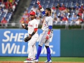 Sep 20, 2022; Philadelphia, Pennsylvania, USA; Toronto Blue Jays left fielder Raimel Tapia (15) stands on second base after hitting a two RBI double against the Philadelphia Phillies during the eighth inning at Citizens Bank Park.