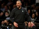Apr 25, 2022; Brooklyn, New York, USA; Boston Celtics head coach Ime Udoka coaches against the Brooklyn Nets during the second quarter of game four of the first round of the 2022 NBA playoffs at Barclays Center.