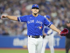 Jose Berrios of the Toronto Blue Jays reacts against the New York Yankees in the fifth inning at the Rogers Centre on September 27, 2022 in Toronto.