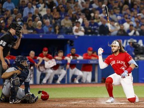 Bo Bichette of the Toronto Blue Jays reacts after a high pitch in the sixth inning against catcher Francisco Mejia of the Tampa Bay Rays at Rogers Centre on Sept. 12, 2022 in Toronto.