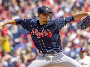 Atlanta Braves starting pitcher Charlie Morton throws during the first inning of a baseball game against the Philadelphia Phillies, Sunday, Sept. 25, 2022, in Philadelphia.