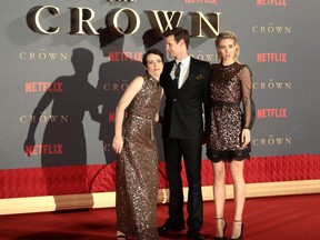 Actors Claire Foy, who plays Queen Elizabeth II, Matt Smith who plays Philip Duke of Edinburgh and Vanessa Kirby who plays Princess Margaret, attend the premiere of "The Crown" Season 2 in London, Britain, November 21, 2017.