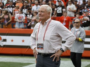 Cleveland Browns owner Jimmy Haslam watches after the New York Jets recovered an onside kick during the second half of an NFL football game, Sunday, Sept. 18, 2022, in Cleveland.