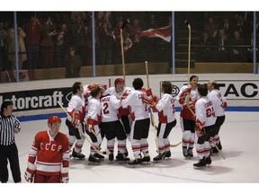 Team Canada celebrates Paul Henderson’s winning goal in Game 8 of the Canada Vs. Russia Summit series in the CBC movie Canada Russia ’72.