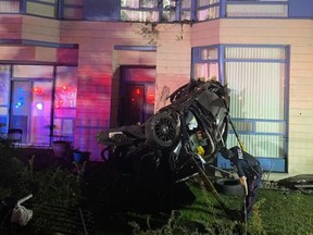 A wild ride ended with a car rocketing into an apartment building in Mississauga early Saturday morning -- and somehow reaching the second floor.
