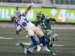 Winnipeg Blue Bombers wide receiver Drew Wolitarsky (82) runs the ball during the first half of the Labor Day Classic game pitting the Saskatchewan Roughriders against the Winnipeg Blue Bombers at Mosaic Stadium on Sunday, September 4, 2022 in Regina.