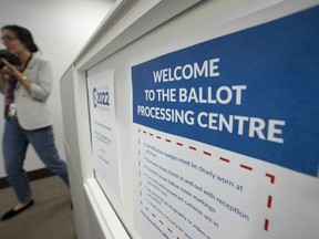 A member of the media tours the Conservative leadership ballot processing centre, July 15, 2022 in Chelsea, Que.
