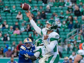 Third-string Saskatchewan Roughriders quarterback Jake Dolegala, shown here during a 2022 pre-season CFL game against the Winnipeg Blue Bombers, is starting Sunday against the Toronto Argonauts due a COVID-19 outbreak among the Riders.
