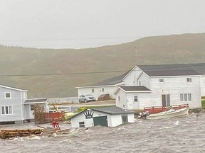 This Sept. 24, 2022, image courtesy of Michael King, special advisor to Newfoundland and Labrador Premier Andrew Furey, and his family, shows damaged caused by post-tropical storm Fiona on the Burnt Islands in Newfoundland and Labrador.