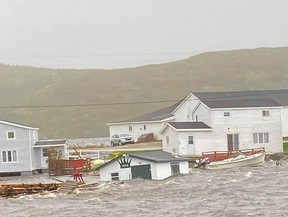 This Sept. 24, 2022, image courtesy of Michael King, special advisor to Newfoundland and Labrador Premier Andrew Furey, and his family, shows damaged caused by post-tropical storm Fiona on the Burnt Islands in Newfoundland and Labrador.