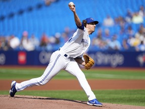 Kevin Gausman of the Toronto Blue Jays pitches to the Tampa Bay Rays in the first inning during their MLB game at the Rogers Centre on Sept. 15, 2022 in Toronto.