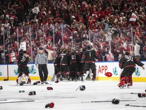 Canada celebrates the win over Finland during overtime IIHF World Junior Hockey Championship gold medal game action in Edmonton on Saturday Aug. 20, 2022. Canada's junior men's hockey team face Czechia to open its defence of its world championship gold medal on Boxing Day in Halifax.