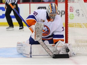 Sep 27, 2022; Newark, New Jersey, USA; New York Islanders goaltender Ilya Sorokin (30) makes a save against the New Jersey Devils during the second period at Prudential Center.