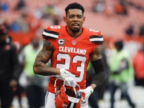 Cleveland Browns cornerback Joe Haden practices before an NFL football game against the New York Jets, Sunday, Oct. 30, 2016, in Cleveland.