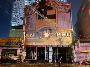 This picture taken and released on September 7, 2022 by the Vietnam News Agency shows the burnt-down exteriors of An Phu Karaoke bar in Binh Duong province, north of Ho Chi Minh City.