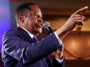 Larry Elder speaks to supporters at an election night event on September 14, 2021 in Costa Mesa, California.