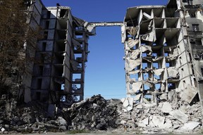 A view shows a destroyed residential building in the city of Mariupol on Sept. 25, 2022, amid the ongoing Russian military action in Ukraine.