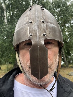 Mike Strobel in borrowed reenactment helmet at Birka. CAROLYN STROBEL PHOTO