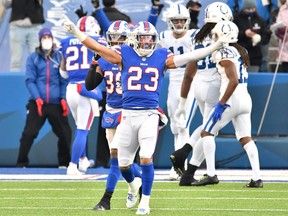Buffalo Bills strong safety Micah Hyde celebrates a defensive stop to defeat the Indianapolis Colts at Bills Stadium in Orchard Park, N.Y., Jan. 9, 2021.