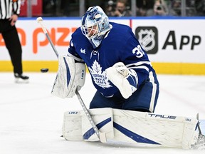 Maple Leafs goalie Matt Murray makes a save against the Montreal Canadiens in the first period at Scotiabank Arena on Wednesday, Sept. 28, 2022.