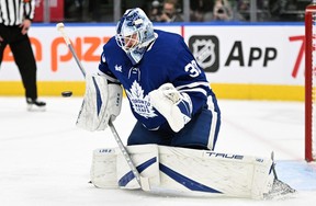 Maple Leafs goalie Matt Murray makes a save against the Montreal Canadiens in the first period at Scotiabank Arena on Wednesday, Sept. 28, 2022.