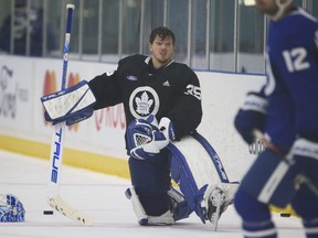 Toronto Maple Leafs  goalie Ilya Samsonov takes a breather after the first practice of the year in Toronto on Thursday.