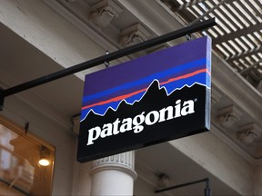 A Patagonia store signage is seen on Greene Street on Sept. 14, 2022 in New York City.
