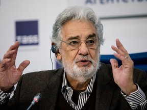 In this file photo taken on Oct. 15, 2019, Spanish tenor Placido Domingo gives a press conference ahead of his concert in Moscow.
