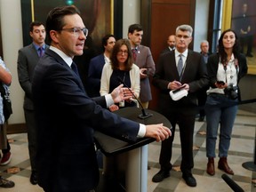 Conservative Party leader Pierre Poilievre speaks to news media outside the House of Commons on Parliament Hill in Ottawa, Sept. 13, 2022.