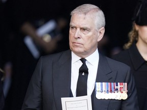 Prince Andrew, Duke of York leaves after paying their respects at Westminster Hall, at the Palace of Westminster, where the coffin of Queen Elizabeth II, will Lie in State on a Catafalque, in London on Sept. 14, 2022.