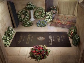 A Buckingham Palace handout image released on Sept. 24, 2022, shows of the ledger stone at the King George VI Memorial Chapel, St George's Chapel, Windsor Castle.