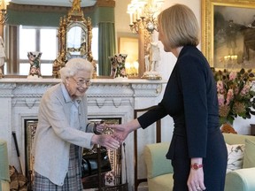 Queen Elizabeth welcomes Liz Truss during an audience where she invited the newly elected leader of the Conservative party to become Prime Minister and form a new government.