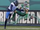 July 24, 2022 -- Toronto Argonauts defensive back Jamal Peters (3) kicks the ball away from Saskatchewan Roughriders receiver Kian Schaffer-Baker (89) in fourth quarter CFL action on Sunday, July 24, 2022 in Regina. The Riders lost 31-21 to the Argos. TROY FLEECE / Regina Leader-Post