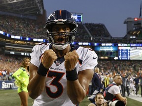 Russell Wilson of the Denver Broncos reacts during the fourth quarter against the Seattle Seahawks at Lumen Field on Sept. 12, 2022 in Seattle, Washington.