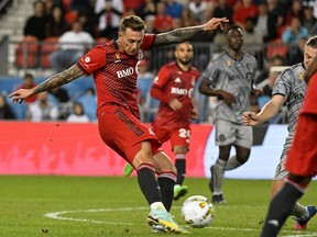 Sep 4, 2022; Toronto, Ontario, CAN; Toronto FC forward Federico Bernardeschi (10) shoots the ball against CF Montreal in the second half at BMO Field.