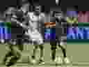 Sep 10, 2022; Atlanta, Georgia, USA; Atlanta United midfielder Thiago Almada (right) controls the ball against Toronto FC midfielder Mark-Anthony Kaye (middle) in the second half at Mercedes-Benz Stadium.  