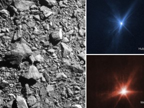 Diese von der NASA bereitgestellte Kombination von Bildern zeigt drei verschiedene Ansichten des Aufpralls der Raumsonde DART auf den Asteroiden Dimorphos am Montag, den 26. September 2022.