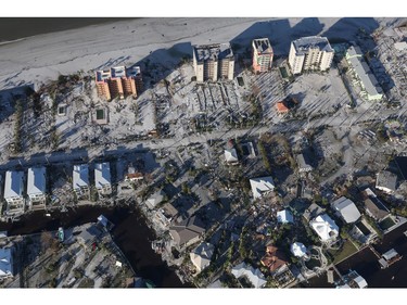 An aerial view of damaged properties after Hurricane Ian caused widespread destruction, in Fort Myers Beach, Fla., Sept. 30, 2022.