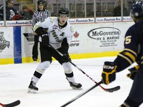 Bobby McMann, of the Bonnyville Pontiacs, looks for a pass in the offensive zone against the Grande Prairie Storm, in AJHL action, on Saturday October 24, 2015 at Revolution Place in Grande Prairie, Alta.
