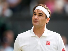 Jul 7, 2021; London, United Kingdom; Roger Federer (SUI) plays against Hubert Hurkacz (POL) in the quarter finals at All England Lawn Tennis and Croquet Club.